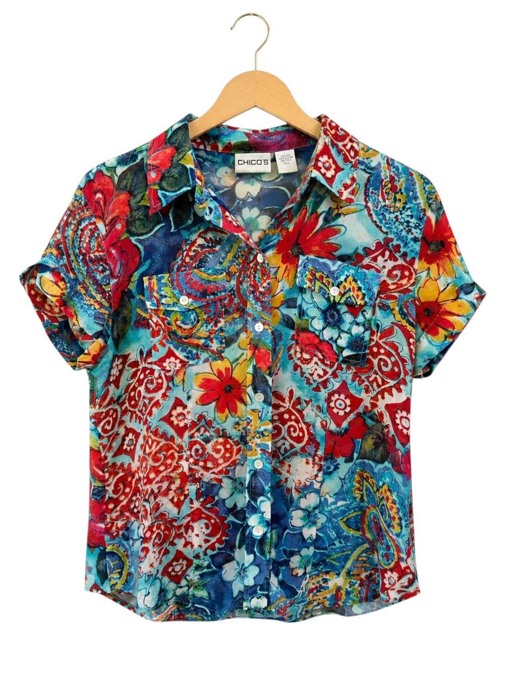 Chico’s 100% Silk Sheer Button Front Blouse Paisley Floral Artsy Size 0 Small